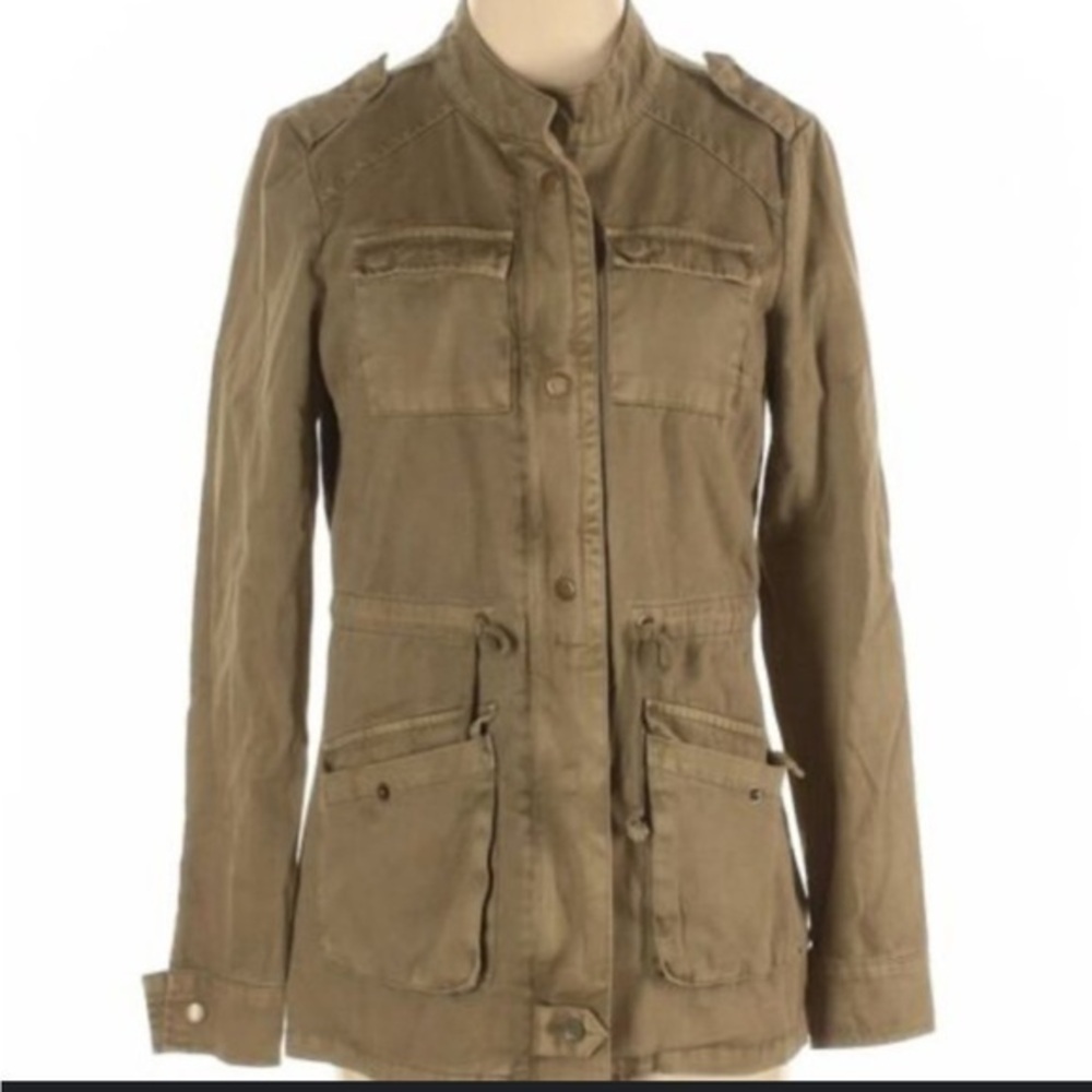 🇪🇸🐠British Khaki utility jacket army green pockets cinch waist full zip snaps